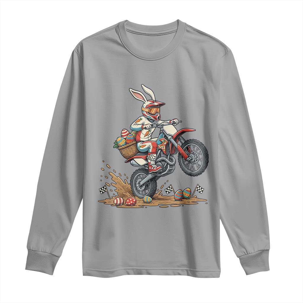 Easter Bunny Dirt Bike Rider Funny Motocross Rabbit Graphic Long Sleeve Shirt Cool Off Road Racing Egg Hunt TS02 Sport Gray Print Your Wear