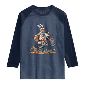 Easter Bunny Dirt Bike Rider Funny Motocross Rabbit Graphic Raglan Shirt Cool Off Road Racing Egg Hunt TS02 Heather Denim Navy Print Your Wear
