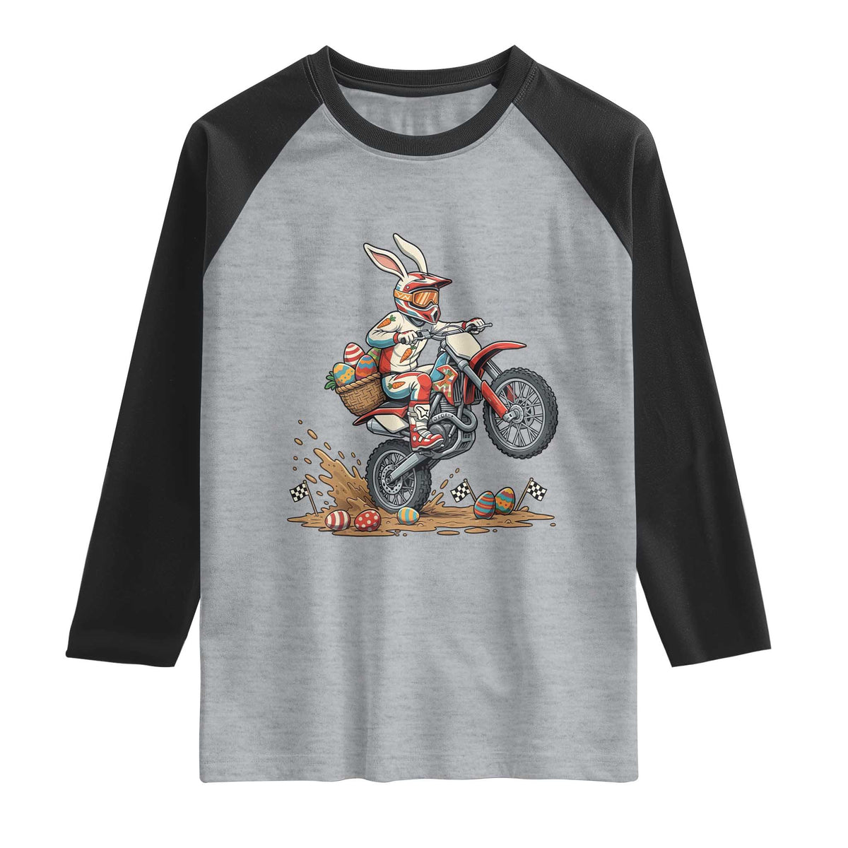Easter Bunny Dirt Bike Rider Funny Motocross Rabbit Graphic Raglan Shirt Cool Off Road Racing Egg Hunt TS02 Heather Gray Black Print Your Wear