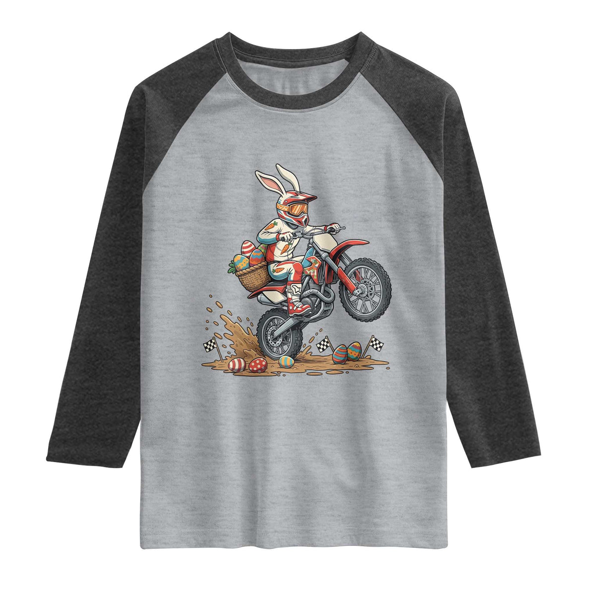 Easter Bunny Dirt Bike Rider Funny Motocross Rabbit Graphic Raglan Shirt Cool Off Road Racing Egg Hunt TS02 Heather Gray Heather Charcoal Print Your Wear