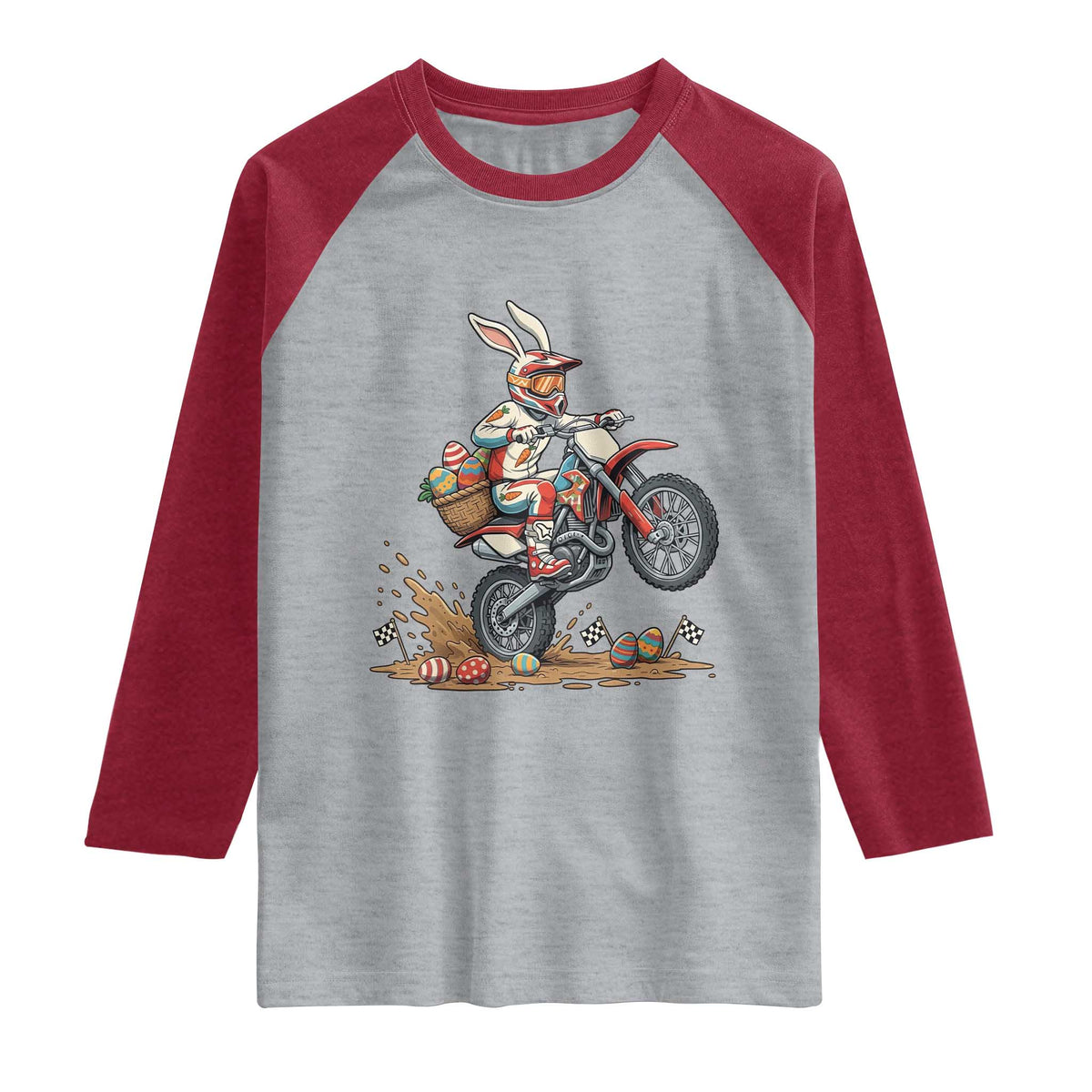 Easter Bunny Dirt Bike Rider Funny Motocross Rabbit Graphic Raglan Shirt Cool Off Road Racing Egg Hunt TS02 Heather Gray Heather Red Print Your Wear