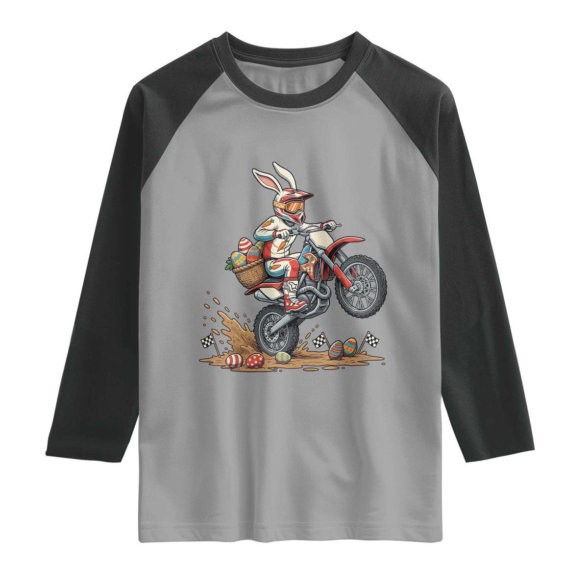 Easter Bunny Dirt Bike Rider Funny Motocross Rabbit Graphic Raglan Shirt Cool Off Road Racing Egg Hunt TS02 Sport Gray Black Print Your Wear