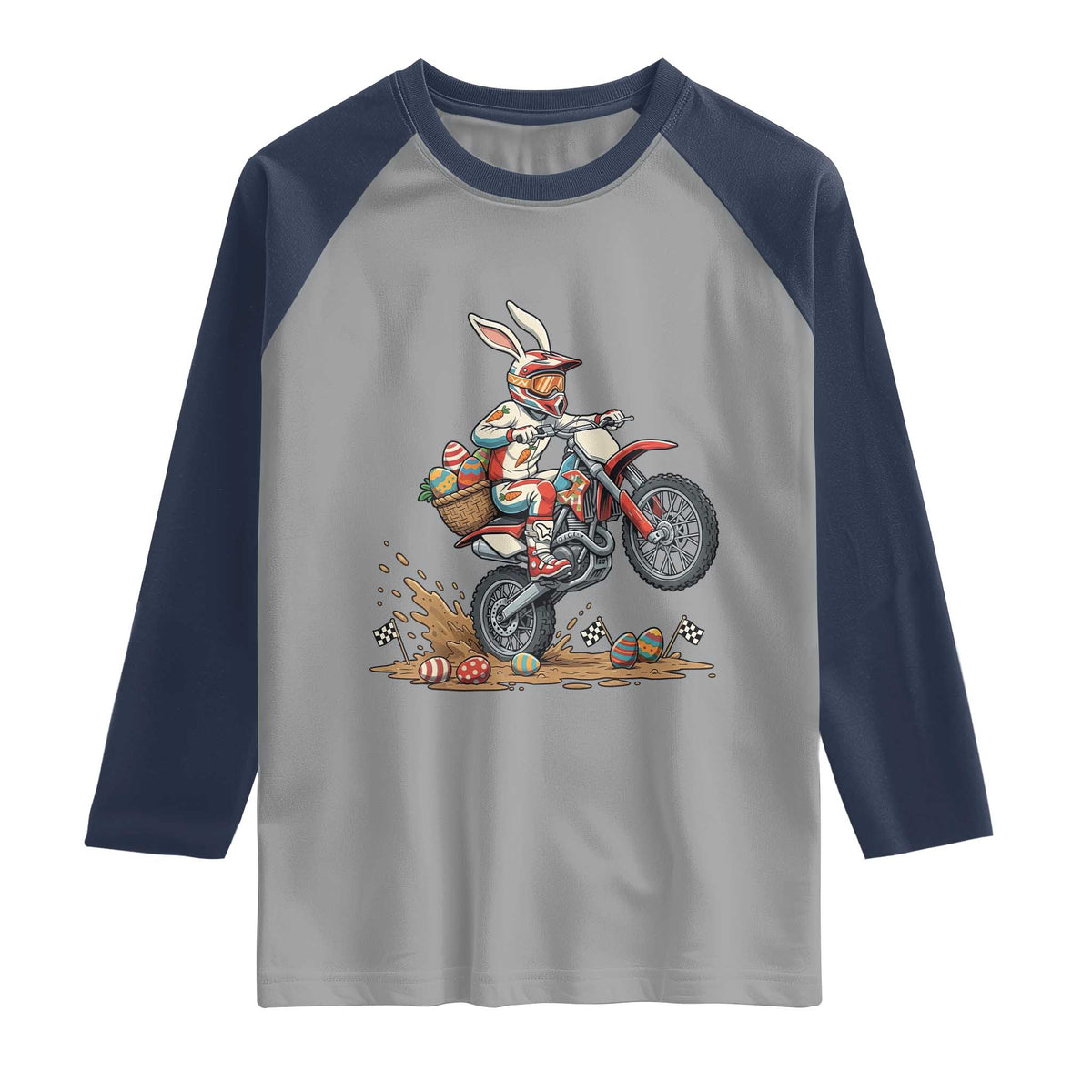 Easter Bunny Dirt Bike Rider Funny Motocross Rabbit Graphic Raglan Shirt Cool Off Road Racing Egg Hunt TS02 Sport Gray Navy Print Your Wear
