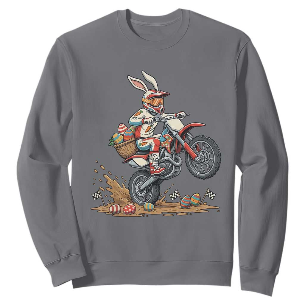 Easter Bunny Dirt Bike Rider Funny Motocross Rabbit Graphic Sweatshirt Cool Off Road Racing Egg Hunt TS02 Charcoal Print Your Wear