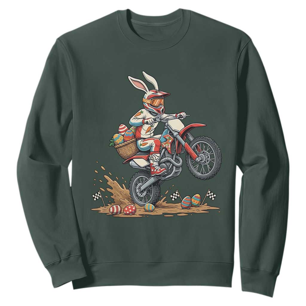 Easter Bunny Dirt Bike Rider Funny Motocross Rabbit Graphic Sweatshirt Cool Off Road Racing Egg Hunt TS02 Dark Forest Green Print Your Wear