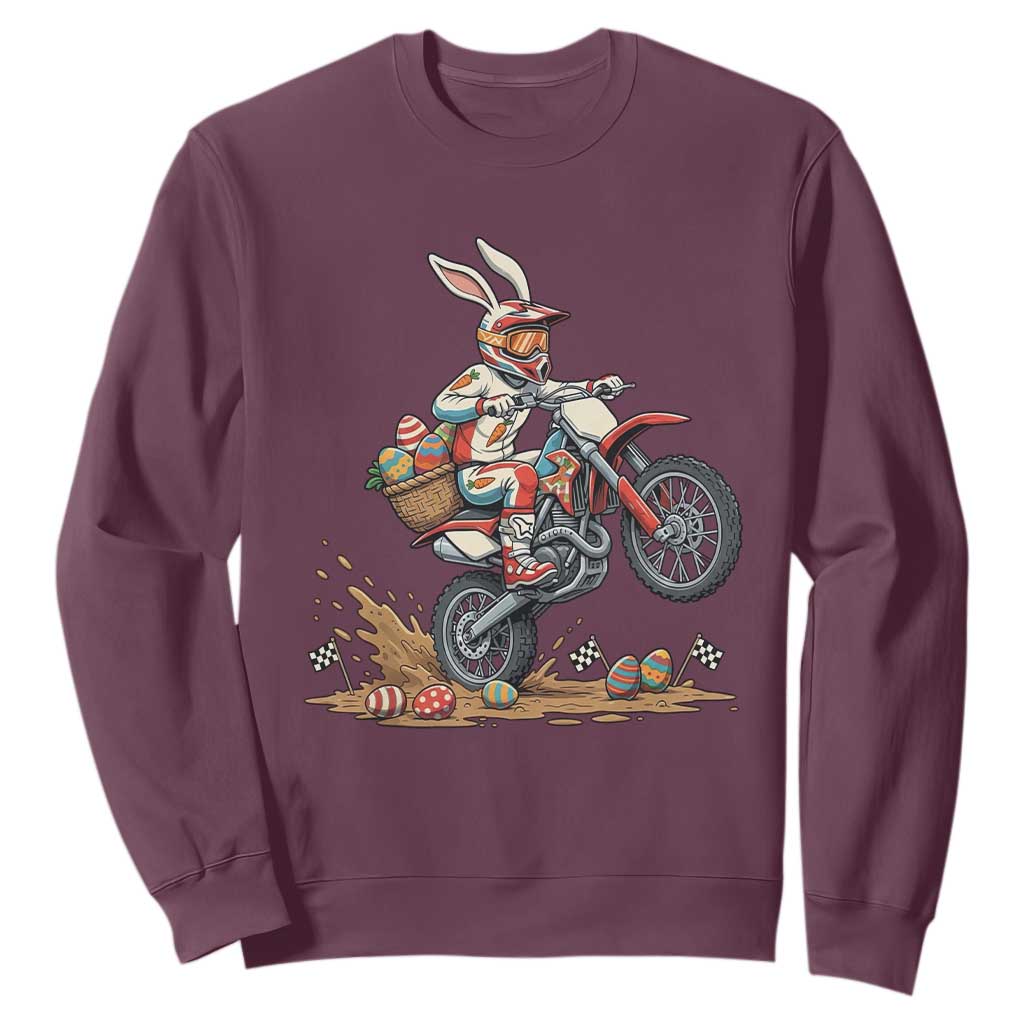 Easter Bunny Dirt Bike Rider Funny Motocross Rabbit Graphic Sweatshirt Cool Off Road Racing Egg Hunt TS02 Maroon Print Your Wear