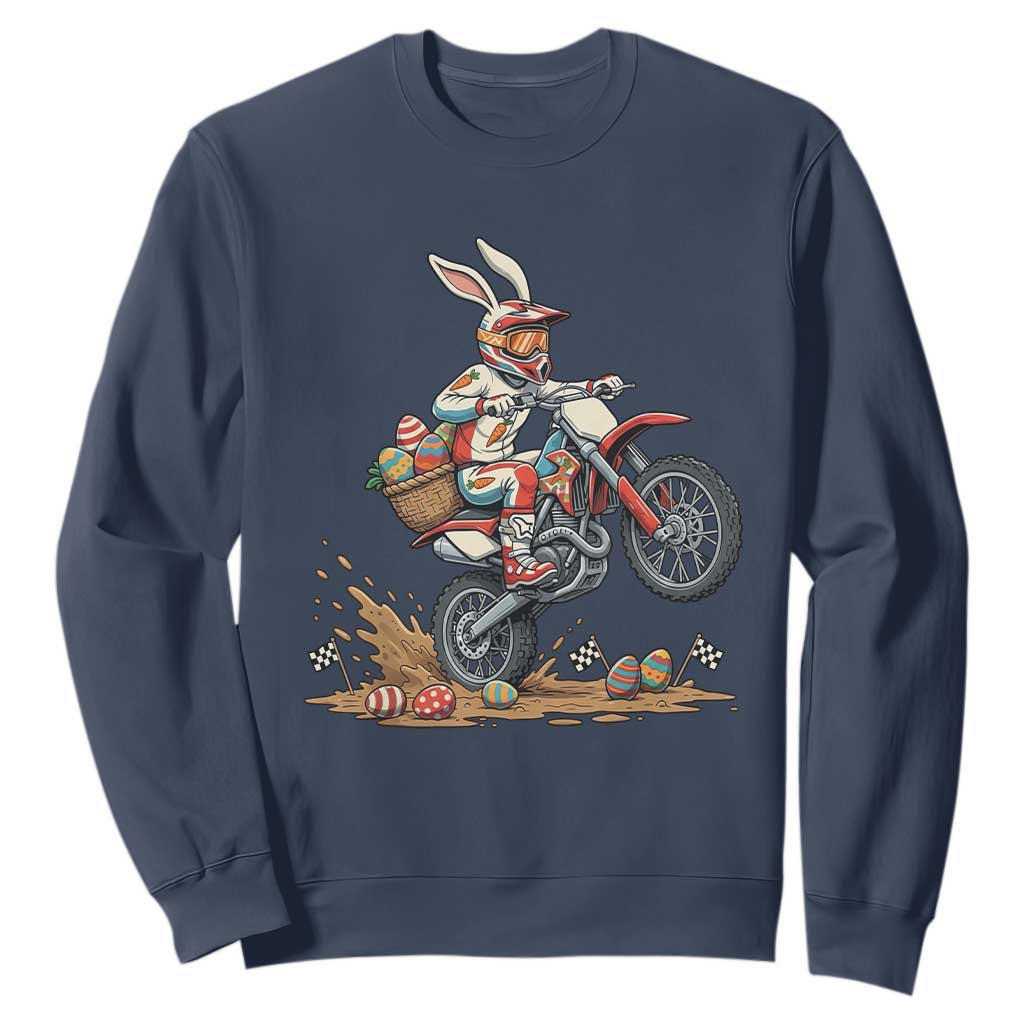 Easter Bunny Dirt Bike Rider Funny Motocross Rabbit Graphic Sweatshirt Cool Off Road Racing Egg Hunt TS02 Navy Print Your Wear