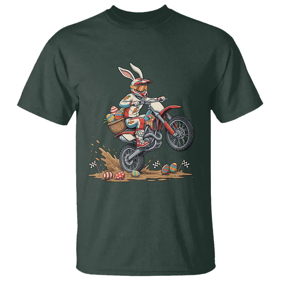Easter Bunny Dirt Bike Rider Funny Motocross Rabbit Graphic T Shirt Cool Off Road Racing Egg Hunt TS02 Dark Forest Green Print Your Wear