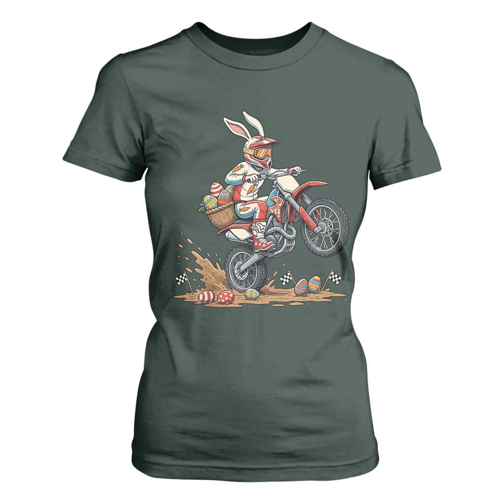 Easter Bunny Dirt Bike Rider Funny Motocross Rabbit Graphic T Shirt For Women Cool Off Road Racing Egg Hunt TS02 Dark Forest Green Print Your Wear