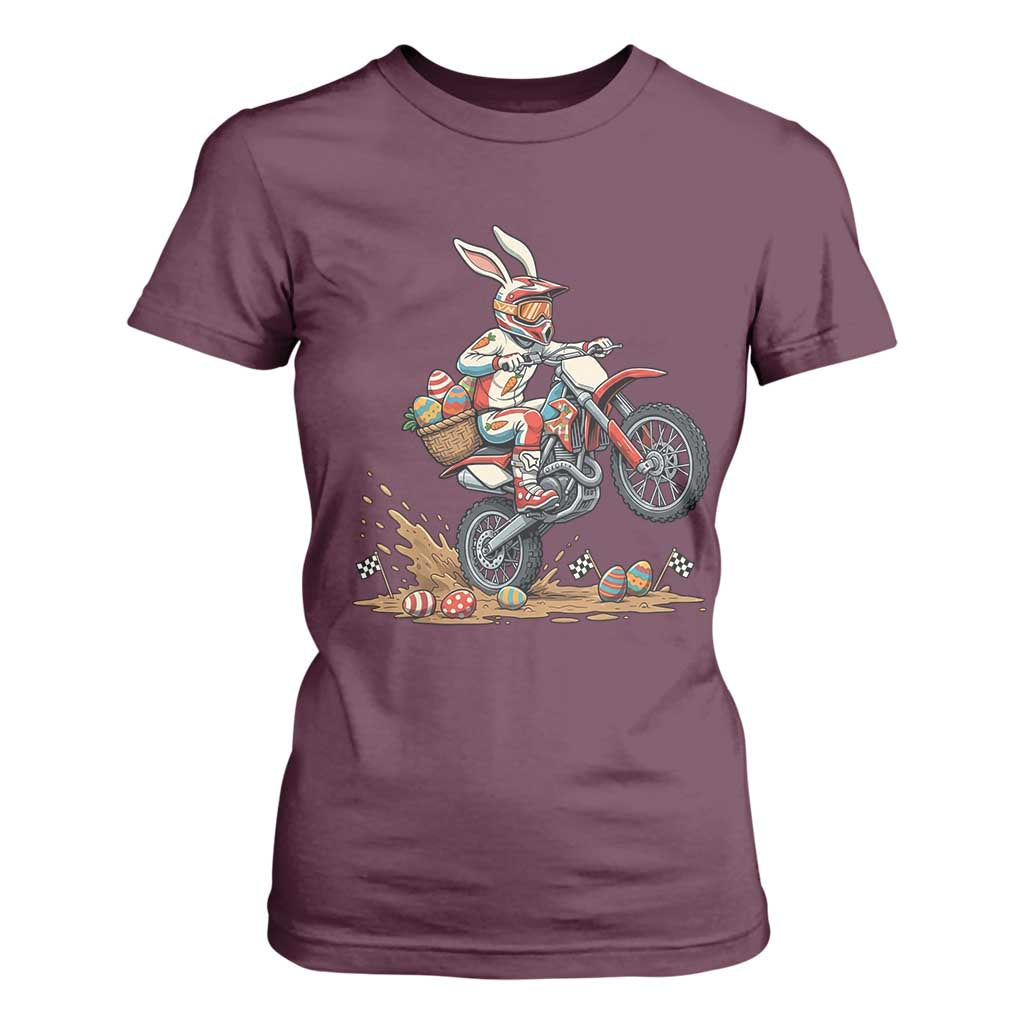 Easter Bunny Dirt Bike Rider Funny Motocross Rabbit Graphic T Shirt For Women Cool Off Road Racing Egg Hunt TS02 Maroon Print Your Wear