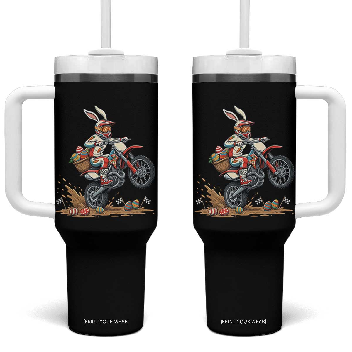Easter Bunny Dirt Bike Rider Funny Motocross Rabbit Graphic Tumbler With Handle Cool Off Road Racing Egg Hunt TS02 One Size: 40 oz Black Print Your Wear