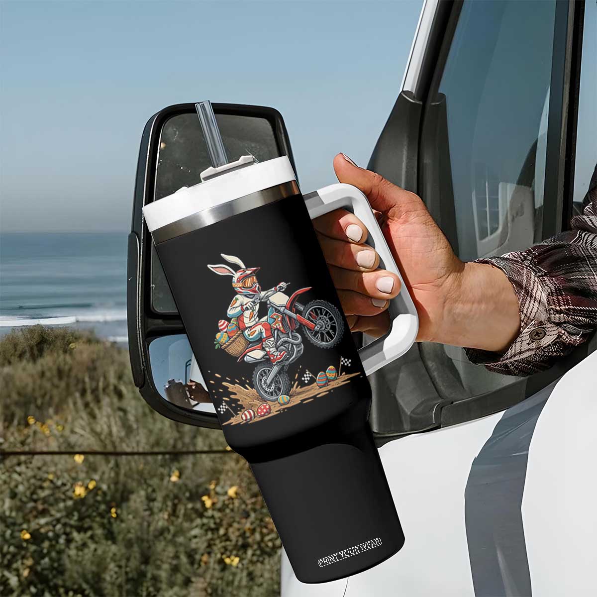 Easter Bunny Dirt Bike Rider Funny Motocross Rabbit Graphic Tumbler With Handle Cool Off Road Racing Egg Hunt TS02 Print Your Wear