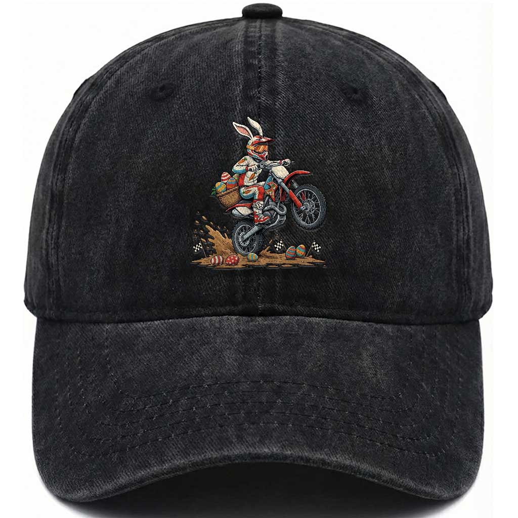 Easter Bunny Dirt Bike Rider Funny Motocross Rabbit Graphic Washed Cotton Baseball Cap Cool Off Road Racing Egg Hunt TS02 Print Your Wear