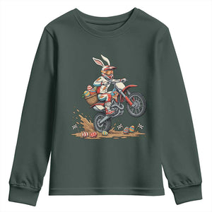 Easter Bunny Dirt Bike Rider Funny Motocross Rabbit Graphic Youth Sweatshirt Cool Off Road Racing Egg Hunt TS02 Dark Forest Green Print Your Wear