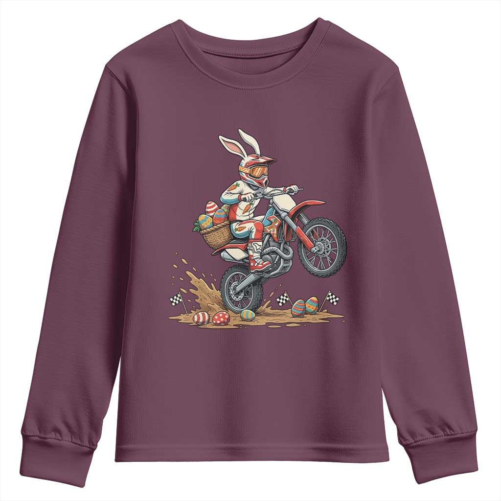 Easter Bunny Dirt Bike Rider Funny Motocross Rabbit Graphic Youth Sweatshirt Cool Off Road Racing Egg Hunt TS02 Maroon Print Your Wear