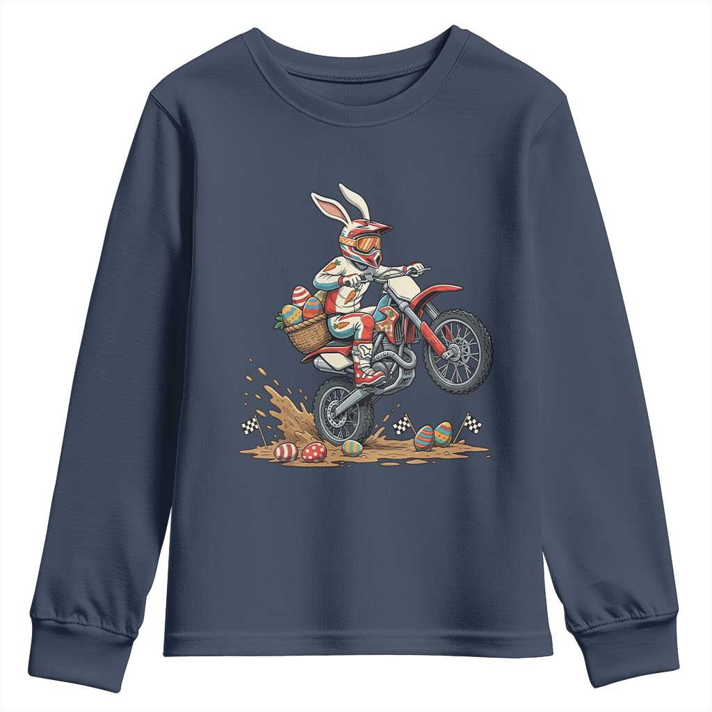 Easter Bunny Dirt Bike Rider Funny Motocross Rabbit Graphic Youth Sweatshirt Cool Off Road Racing Egg Hunt TS02 Navy Print Your Wear