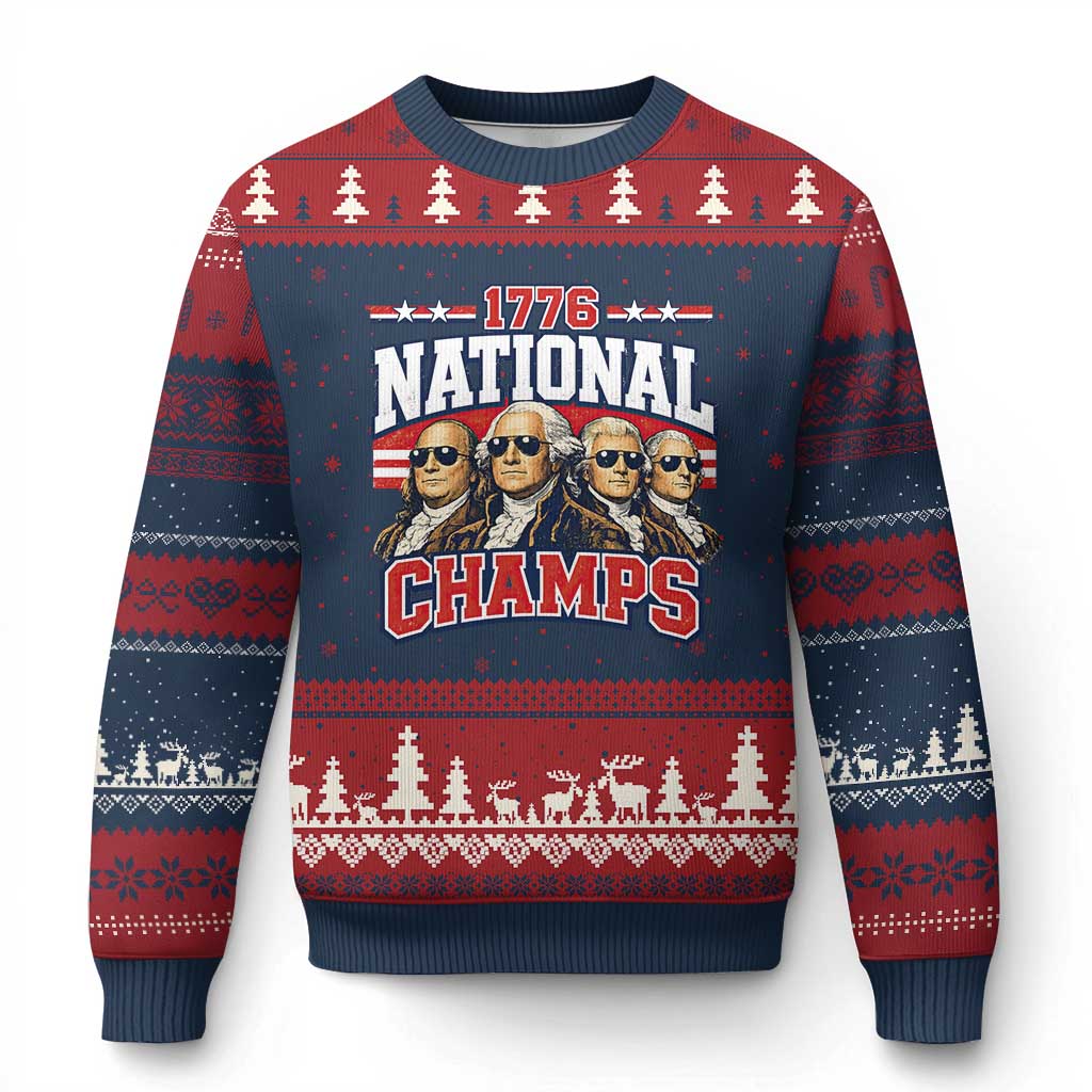 1776 National Champs Founding Fathers Graphic Ugly Christmas Sweater Funny George Washington and Presidents Sunglasses Sports Style Patriotic TS02 Navy Red Print Your Wear