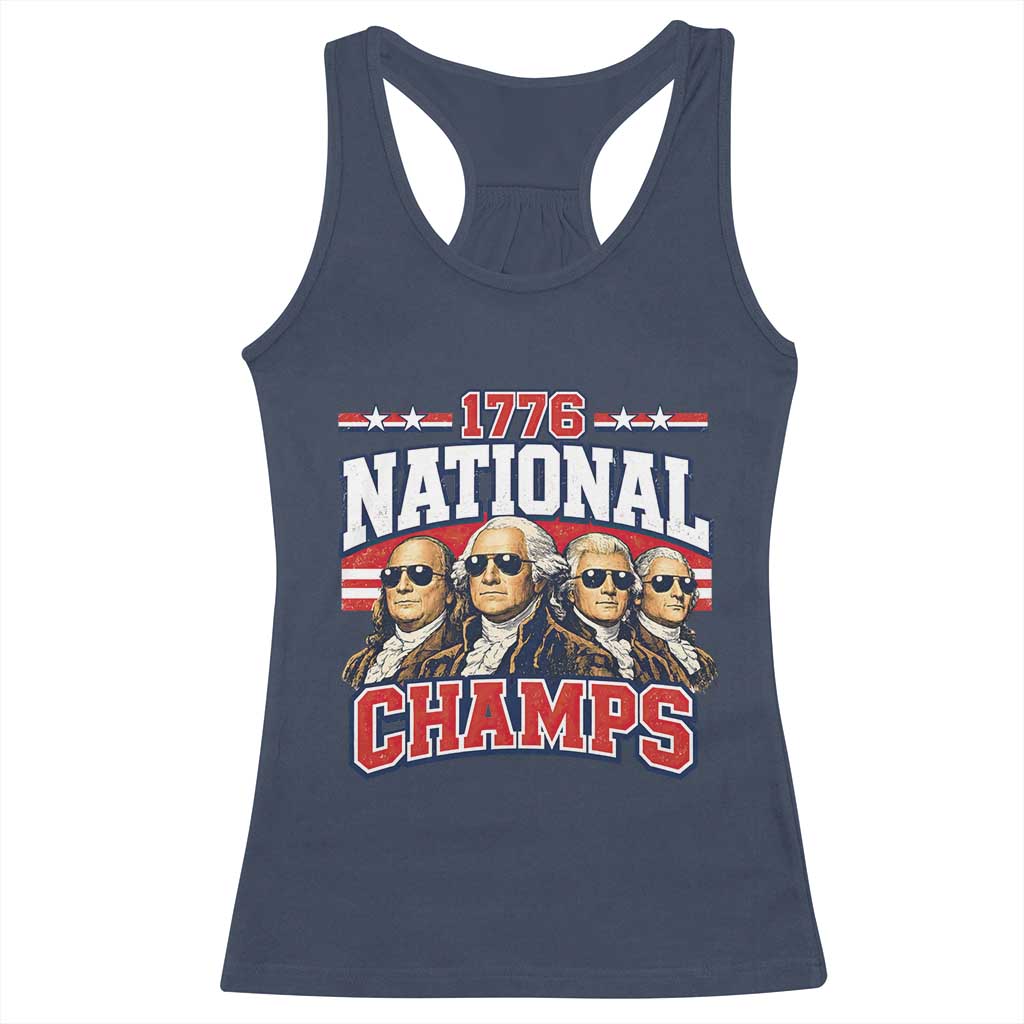 1776 National Champs Founding Fathers Graphic Racerback Tank Top Funny George Washington and Presidents Sunglasses Sports Style Patriotic TS02 Navy Print Your Wear