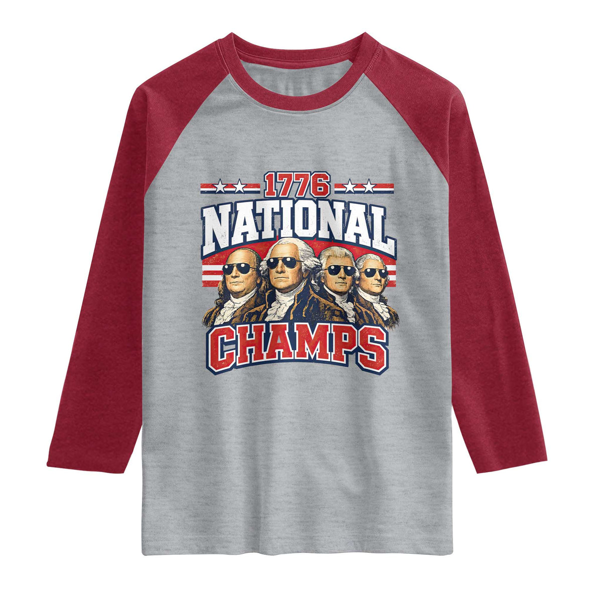 1776 National Champs Founding Fathers Graphic Raglan Shirt Funny George Washington and Presidents Sunglasses Sports Style Patriotic TS02 Heather Gray Heather Red Print Your Wear