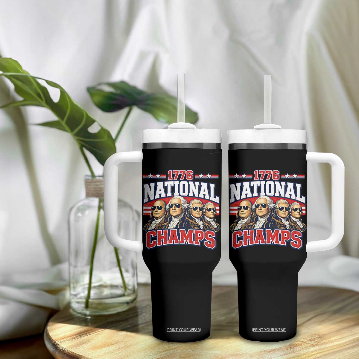 1776 National Champs Founding Fathers Graphic Tumbler With Handle Funny George Washington and Presidents Sunglasses Sports Style Patriotic TS02 Print Your Wear