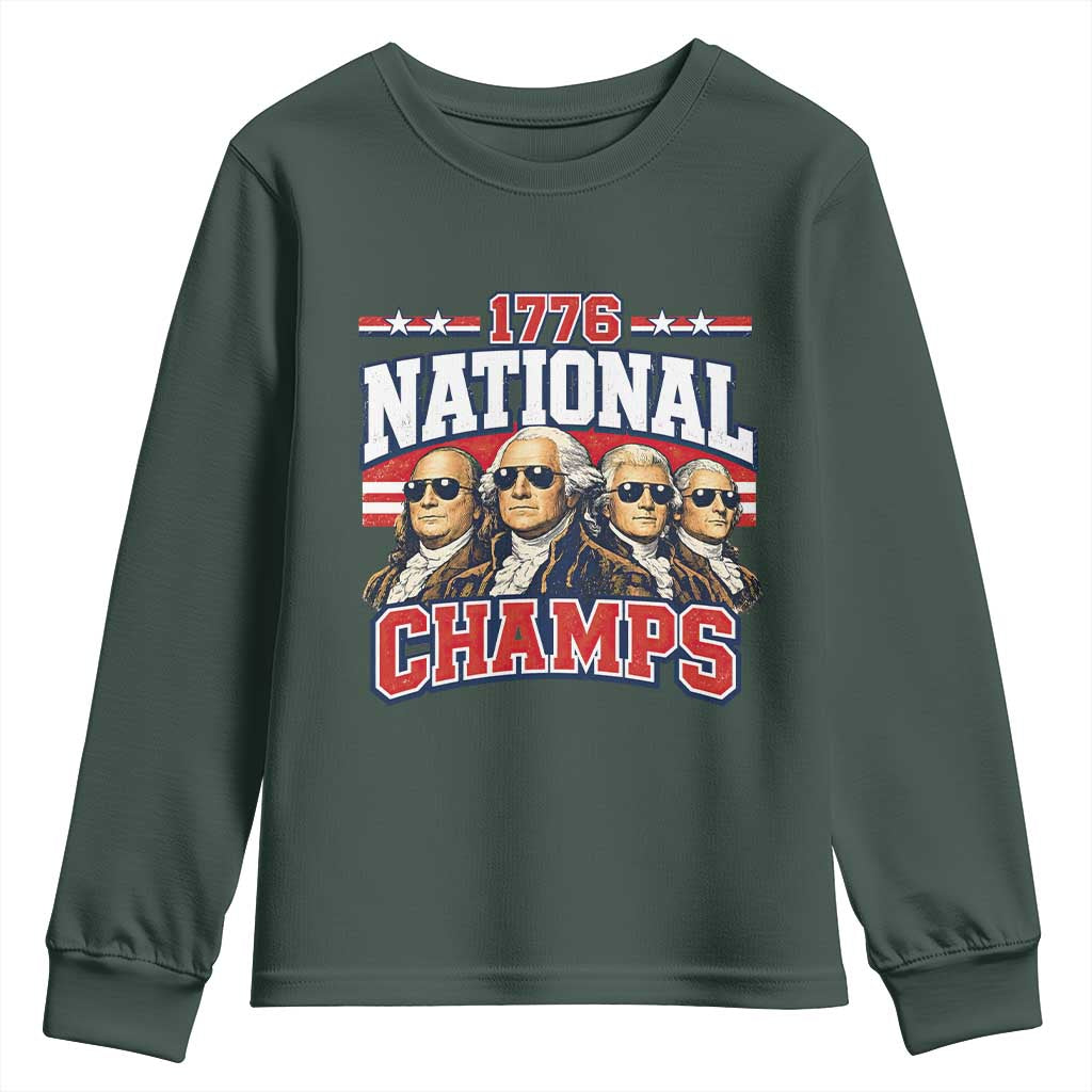 1776 National Champs Founding Fathers Graphic Youth Sweatshirt Funny George Washington and Presidents Sunglasses Sports Style Patriotic TS02 Dark Forest Green Print Your Wear