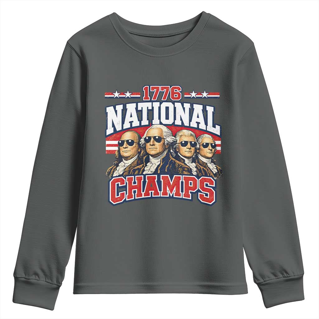 1776 National Champs Founding Fathers Graphic Youth Sweatshirt Funny George Washington and Presidents Sunglasses Sports Style Patriotic TS02 Dark Heather Print Your Wear