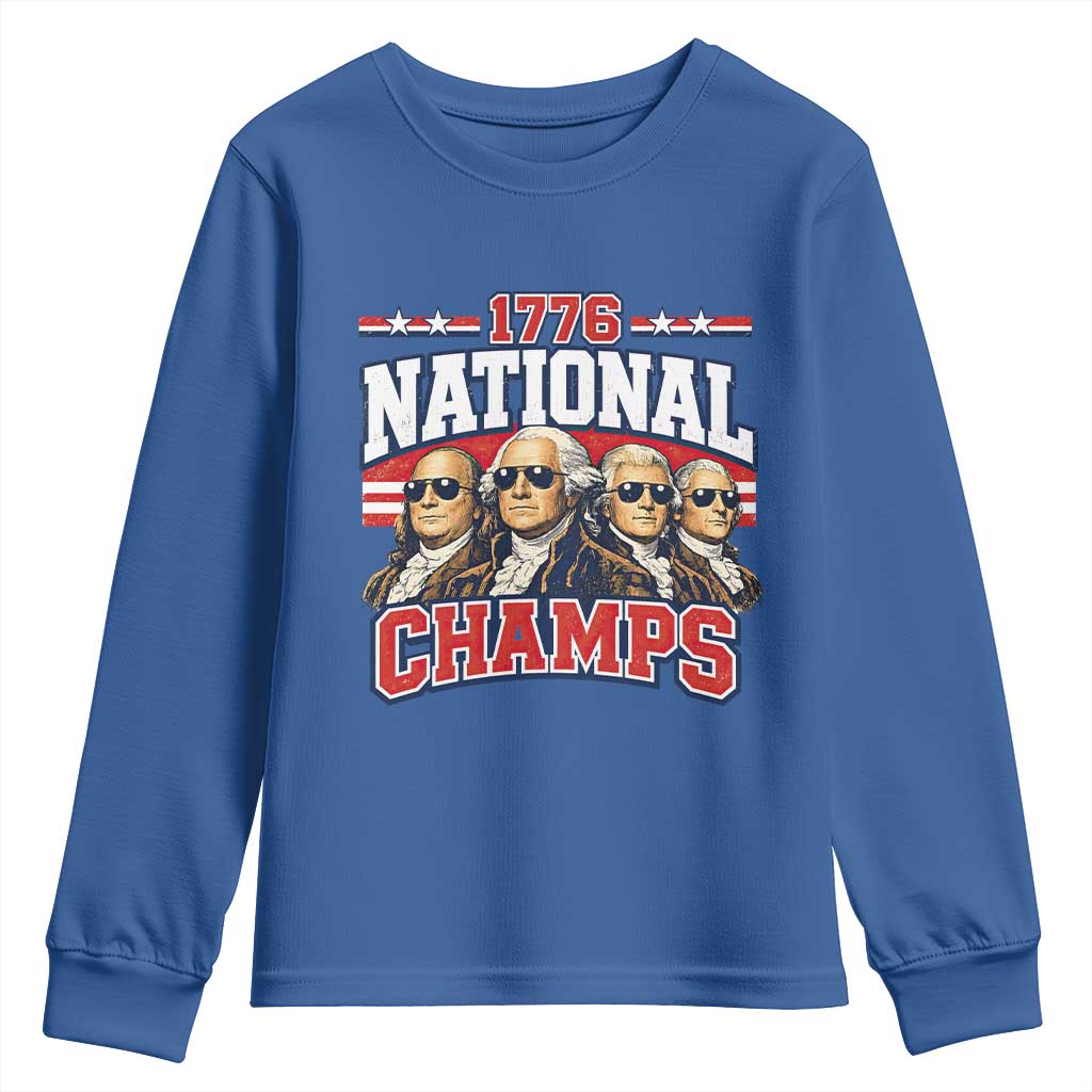 1776 National Champs Founding Fathers Graphic Youth Sweatshirt Funny George Washington and Presidents Sunglasses Sports Style Patriotic TS02 Royal Blue Print Your Wear
