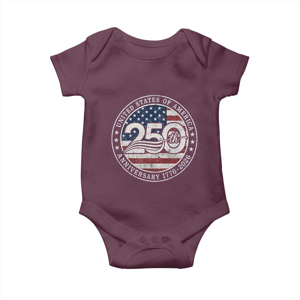 United States of America 250th Anniversary Vintage Seal Baby Onesie Distressed American Flag 1776 to 2026 Semiquincentennial Patriotic TS02 Maroon Print Your Wear