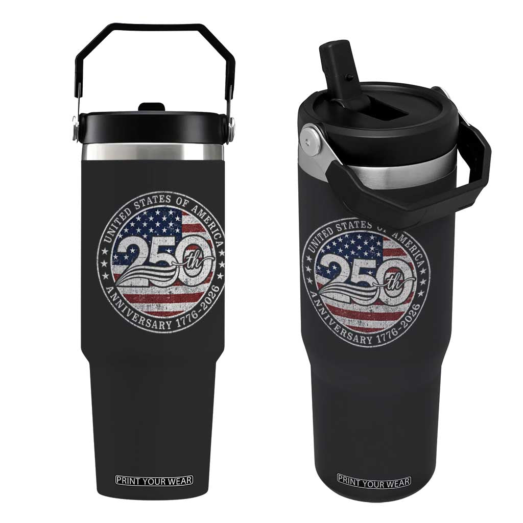 United States of America 250th Anniversary Vintage Seal Flip Straw Tumbler Distressed American Flag 1776 to 2026 Semiquincentennial Patriotic TS02 One Size: 30 oz Black Print Your Wear