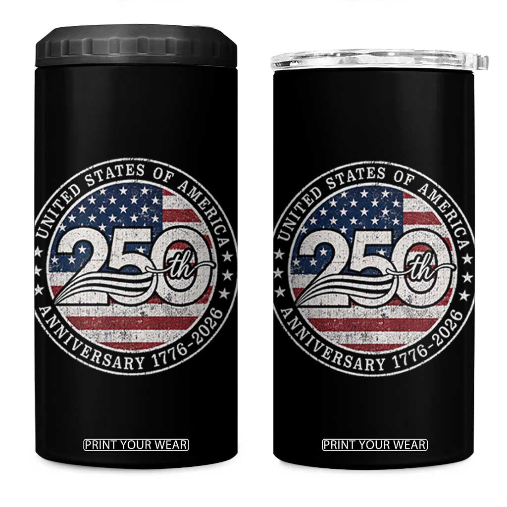 United States of America 250th Anniversary Vintage Seal 4 in 1 Can Cooler Tumbler Distressed American Flag 1776 to 2026 Semiquincentennial Patriotic TS02 One Size: 16 oz Black Print Your Wear