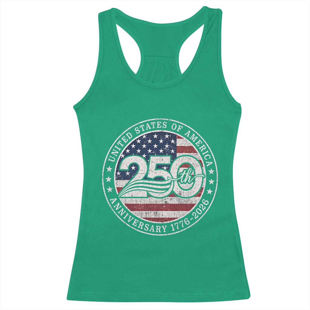 United States of America 250th Anniversary Vintage Seal Racerback Tank Top Distressed American Flag 1776 to 2026 Semiquincentennial Patriotic TS02 Irish Green Print Your Wear