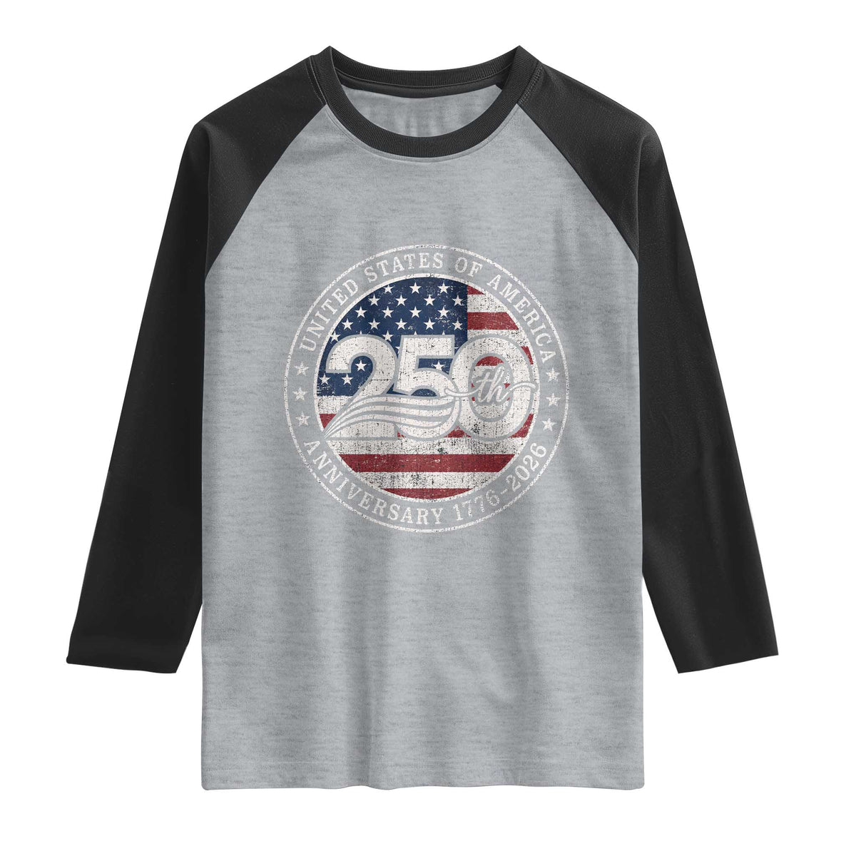 United States of America 250th Anniversary Vintage Seal Raglan Shirt Distressed American Flag 1776 to 2026 Semiquincentennial Patriotic TS02 Heather Gray Black Print Your Wear