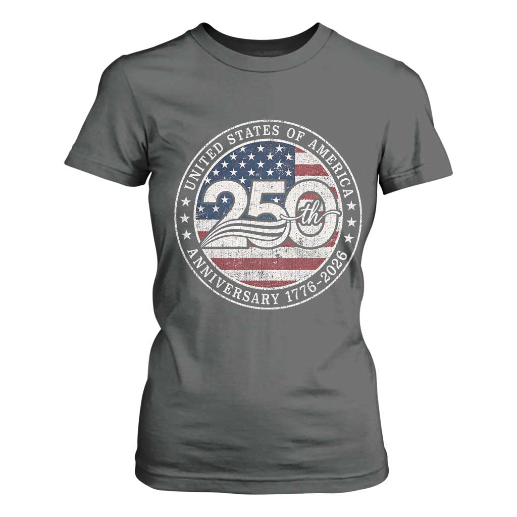 United States of America 250th Anniversary Vintage Seal T Shirt For Women Distressed American Flag 1776 to 2026 Semiquincentennial Patriotic TS02 Dark Heather Print Your Wear