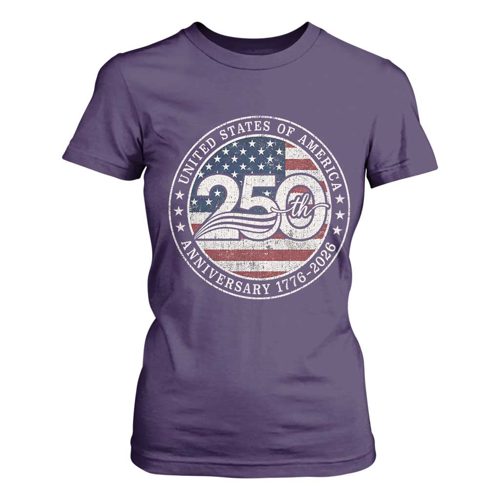 United States of America 250th Anniversary Vintage Seal T Shirt For Women Distressed American Flag 1776 to 2026 Semiquincentennial Patriotic TS02 Purple Print Your Wear