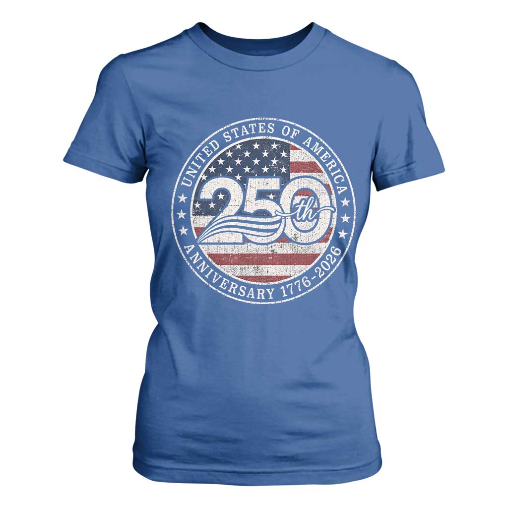 United States of America 250th Anniversary Vintage Seal T Shirt For Women Distressed American Flag 1776 to 2026 Semiquincentennial Patriotic TS02 Royal Blue Print Your Wear