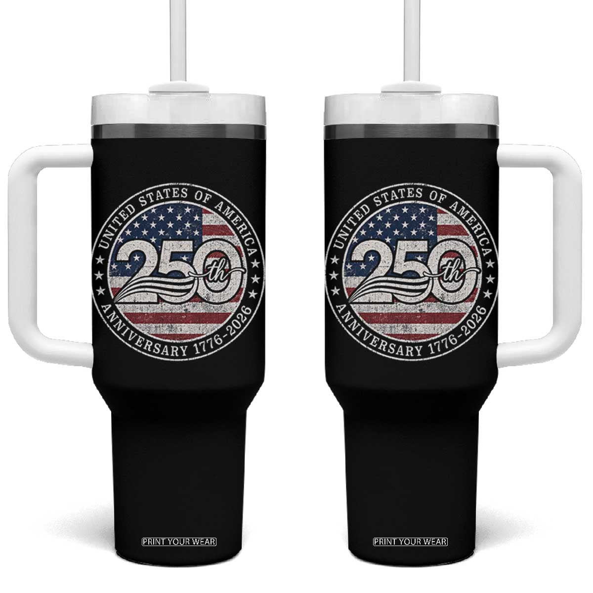 United States of America 250th Anniversary Vintage Seal Tumbler With Handle Distressed American Flag 1776 to 2026 Semiquincentennial Patriotic TS02 One Size: 40 oz Black Print Your Wear