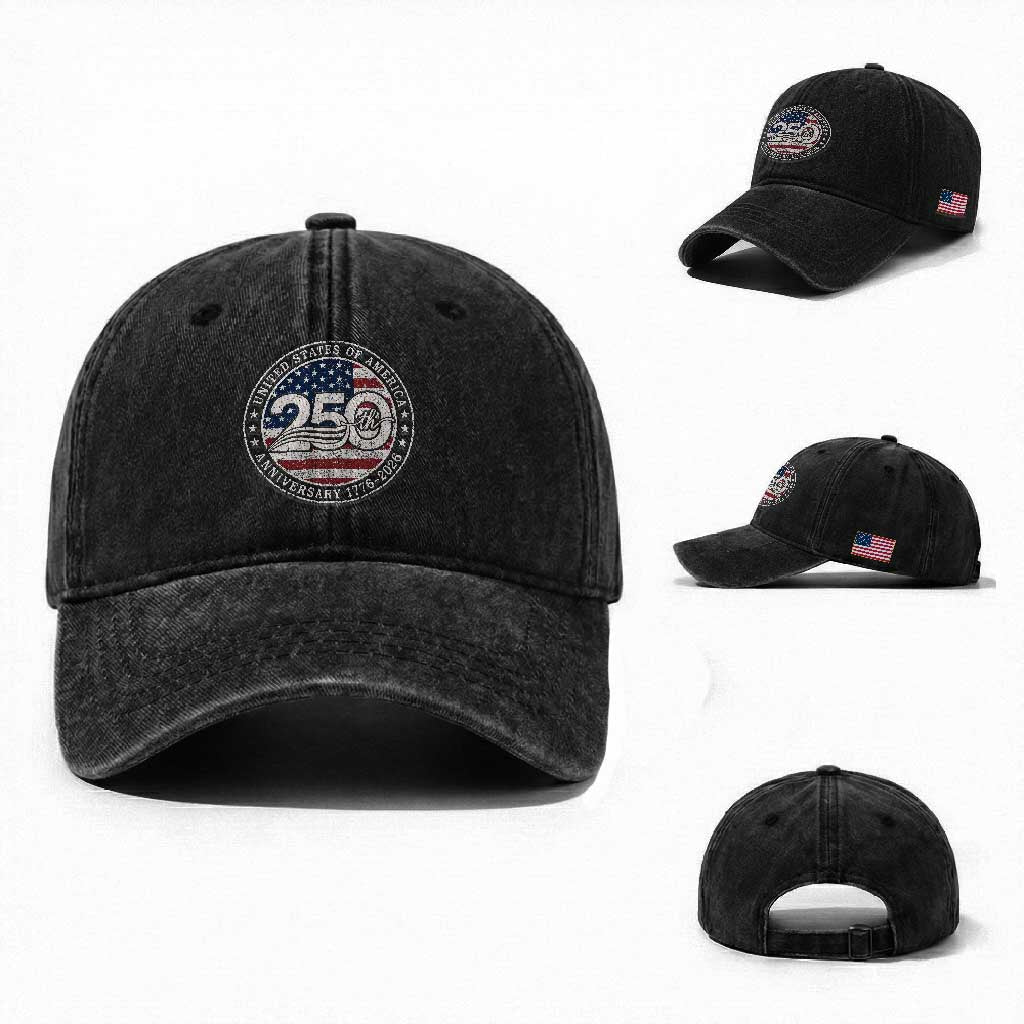 United States of America 250th Anniversary Vintage Seal Washed Cotton Baseball Cap Distressed American Flag 1776 to 2026 Semiquincentennial Patriotic TS02 Washed Cap Universal Fit Black Print Your Wear