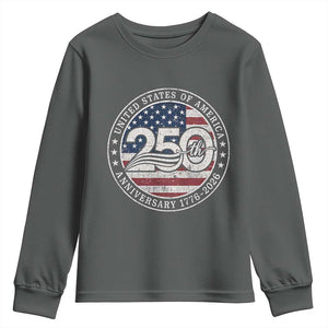 United States of America 250th Anniversary Vintage Seal Youth Sweatshirt Distressed American Flag 1776 to 2026 Semiquincentennial Patriotic TS02 Dark Heather Print Your Wear