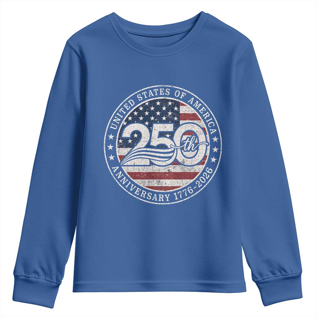 United States of America 250th Anniversary Vintage Seal Youth Sweatshirt Distressed American Flag 1776 to 2026 Semiquincentennial Patriotic TS02 Royal Blue Print Your Wear