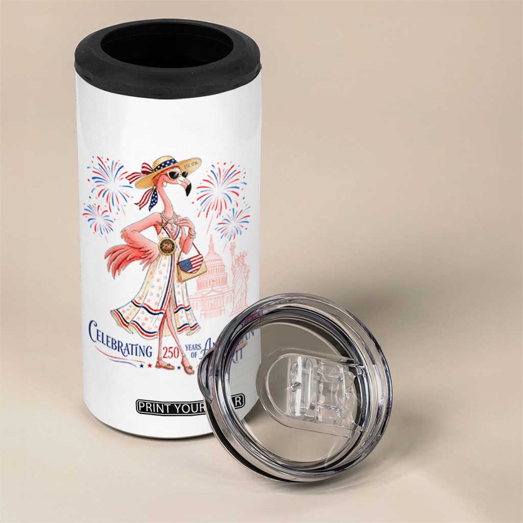 Celebrating 250 Years of American Spirit Flamingo 4 in 1 Can Cooler Tumbler Cute Patriotic Tropical Bird Summer Landmarks Fireworks TS02 Print Your Wear