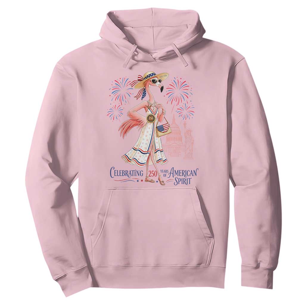 Celebrating 250 Years of American Spirit Flamingo Hoodie Cute Patriotic Tropical Bird Summer Landmarks Fireworks TS02 Light Pink Print Your Wear