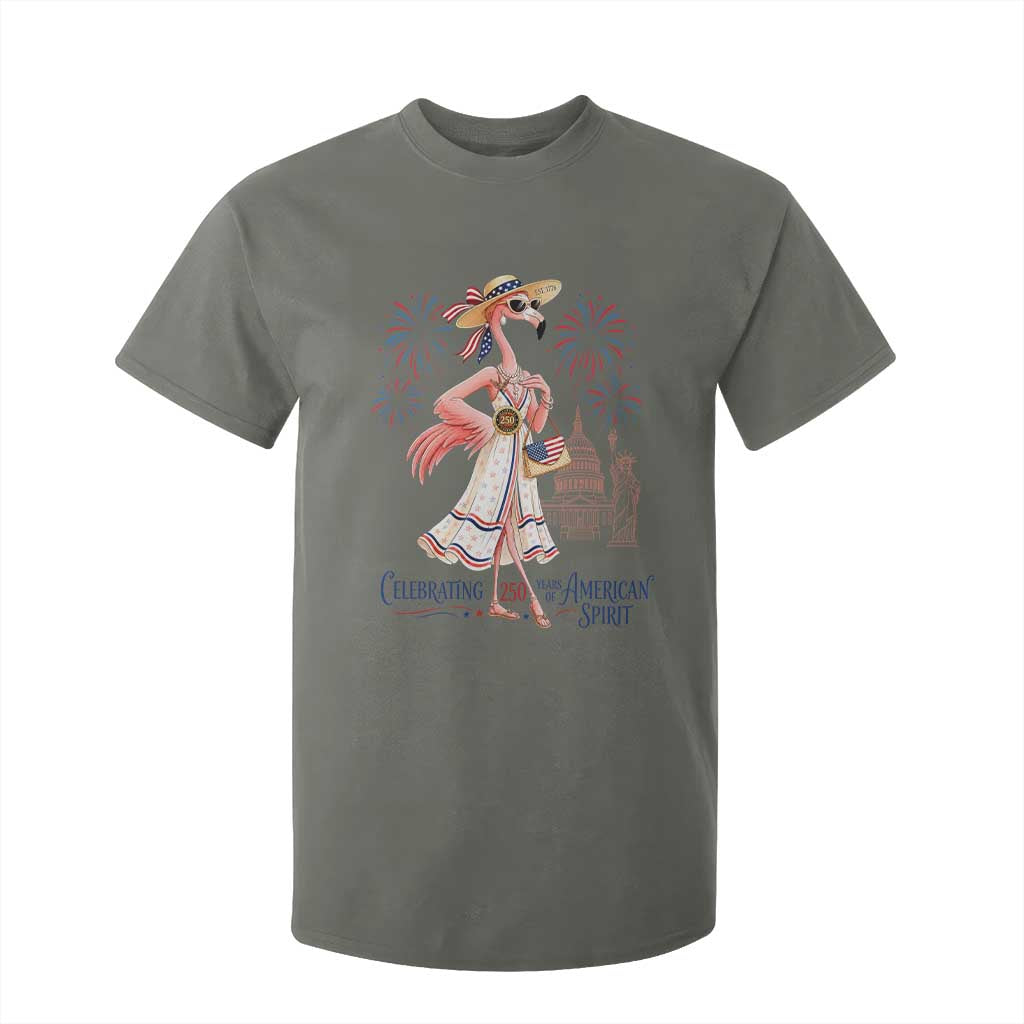 Celebrating 250 Years of American Spirit Flamingo T Shirt For Kid Cute Patriotic Tropical Bird Summer Landmarks Fireworks TS02 Military Green Print Your Wear