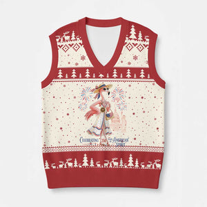 Celebrating 250 Years of American Spirit Flamingo V-Neck Knit Sweater Vest Cute Patriotic Tropical Bird Summer Landmarks Fireworks TS02 Beige Red Print Your Wear