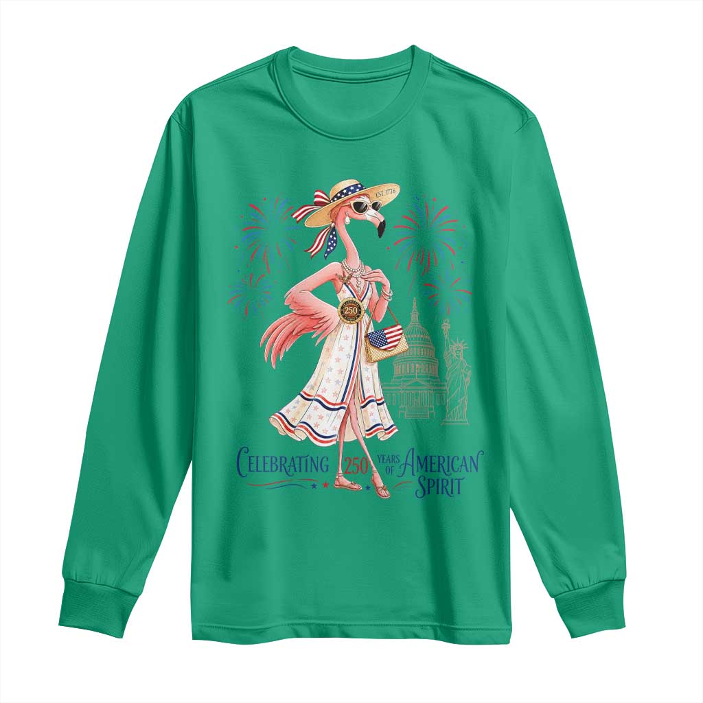 Celebrating 250 Years of American Spirit Flamingo Long Sleeve Shirt Cute Patriotic Tropical Bird Summer Landmarks Fireworks TS02 Irish Green Print Your Wear