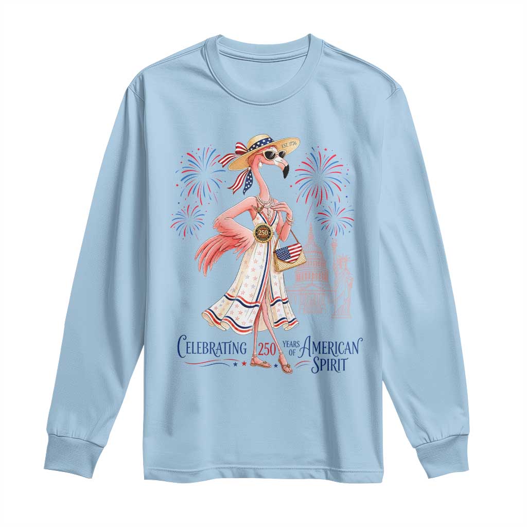 Celebrating 250 Years of American Spirit Flamingo Long Sleeve Shirt Cute Patriotic Tropical Bird Summer Landmarks Fireworks TS02 Light Blue Print Your Wear