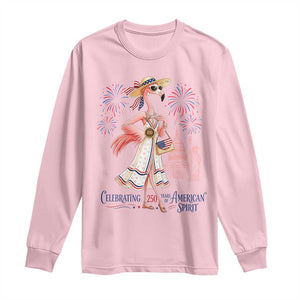 Celebrating 250 Years of American Spirit Flamingo Long Sleeve Shirt Cute Patriotic Tropical Bird Summer Landmarks Fireworks TS02 Light Pink Print Your Wear