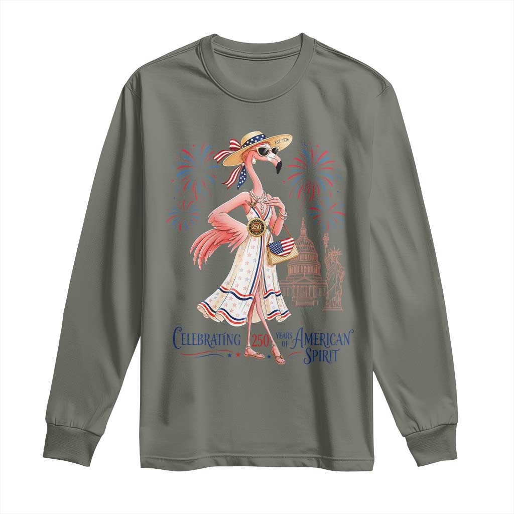 Celebrating 250 Years of American Spirit Flamingo Long Sleeve Shirt Cute Patriotic Tropical Bird Summer Landmarks Fireworks TS02 Military Green Print Your Wear