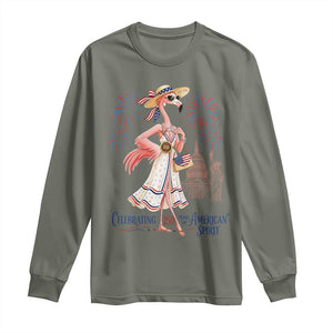Celebrating 250 Years of American Spirit Flamingo Long Sleeve Shirt Cute Patriotic Tropical Bird Summer Landmarks Fireworks TS02 Military Green Print Your Wear