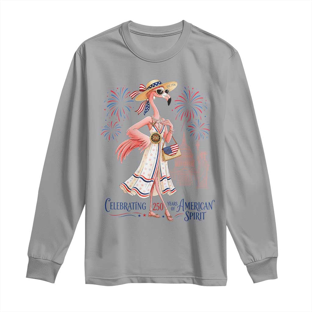 Celebrating 250 Years of American Spirit Flamingo Long Sleeve Shirt Cute Patriotic Tropical Bird Summer Landmarks Fireworks TS02 Sport Gray Print Your Wear