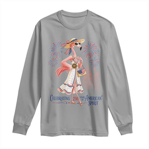 Celebrating 250 Years of American Spirit Flamingo Long Sleeve Shirt Cute Patriotic Tropical Bird Summer Landmarks Fireworks TS02 Sport Gray Print Your Wear